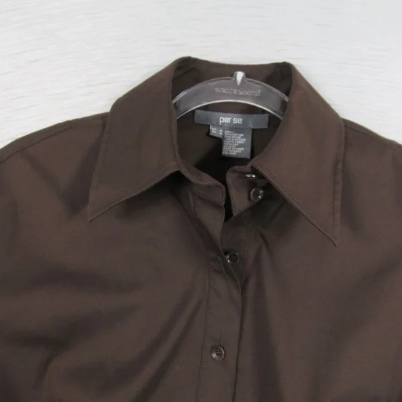 PER SE Brown Puff Sleeve Button Front Shirt Office Blouse Top Women's Size 4 - Picture 6 of 10